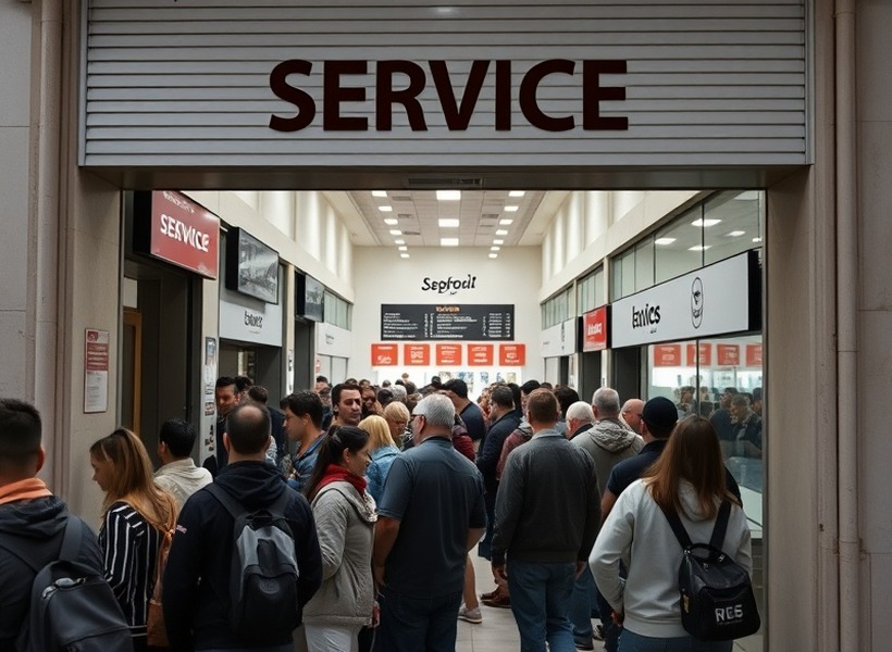 Antes — Una sola fila para todos los trámites y espera concentrada en la entrada.